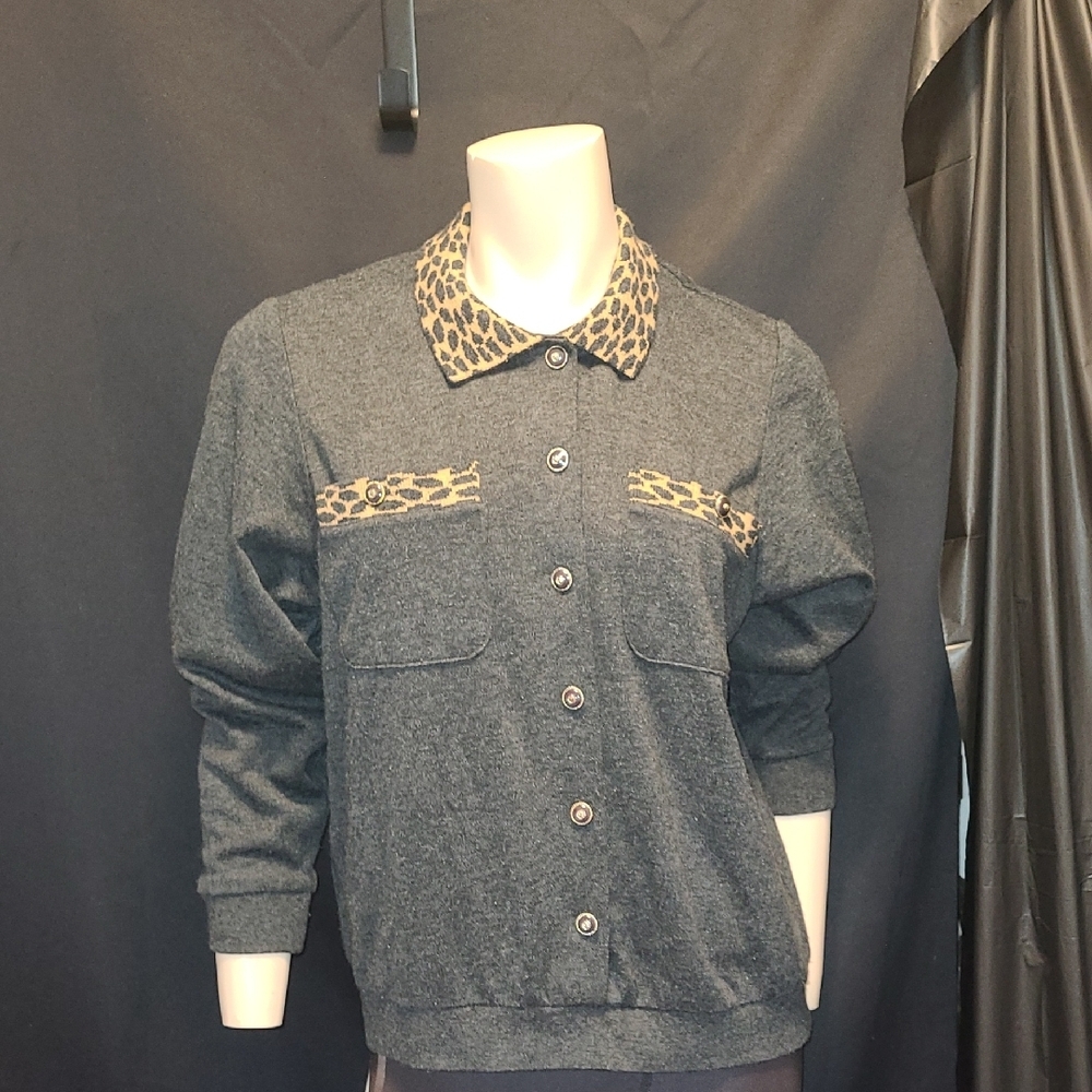 Alfred Dunner Charcoal Jacket with Leopard Accents Size Large